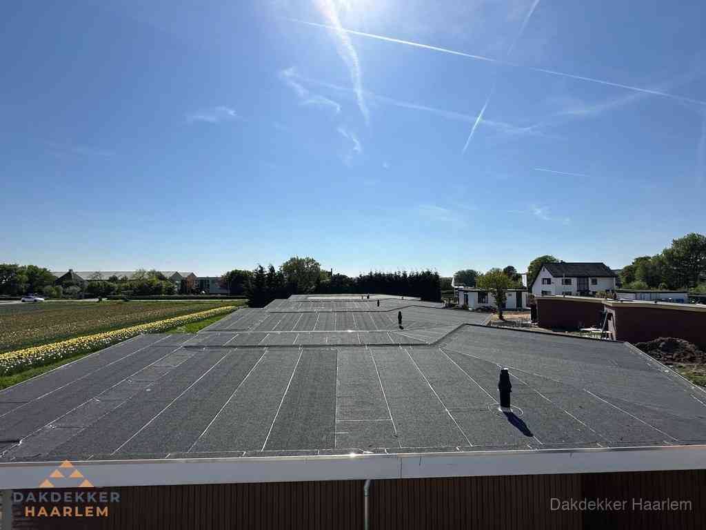 Groot plat dak met bitumen dakbedekking op bedrijfspand in Haarlem