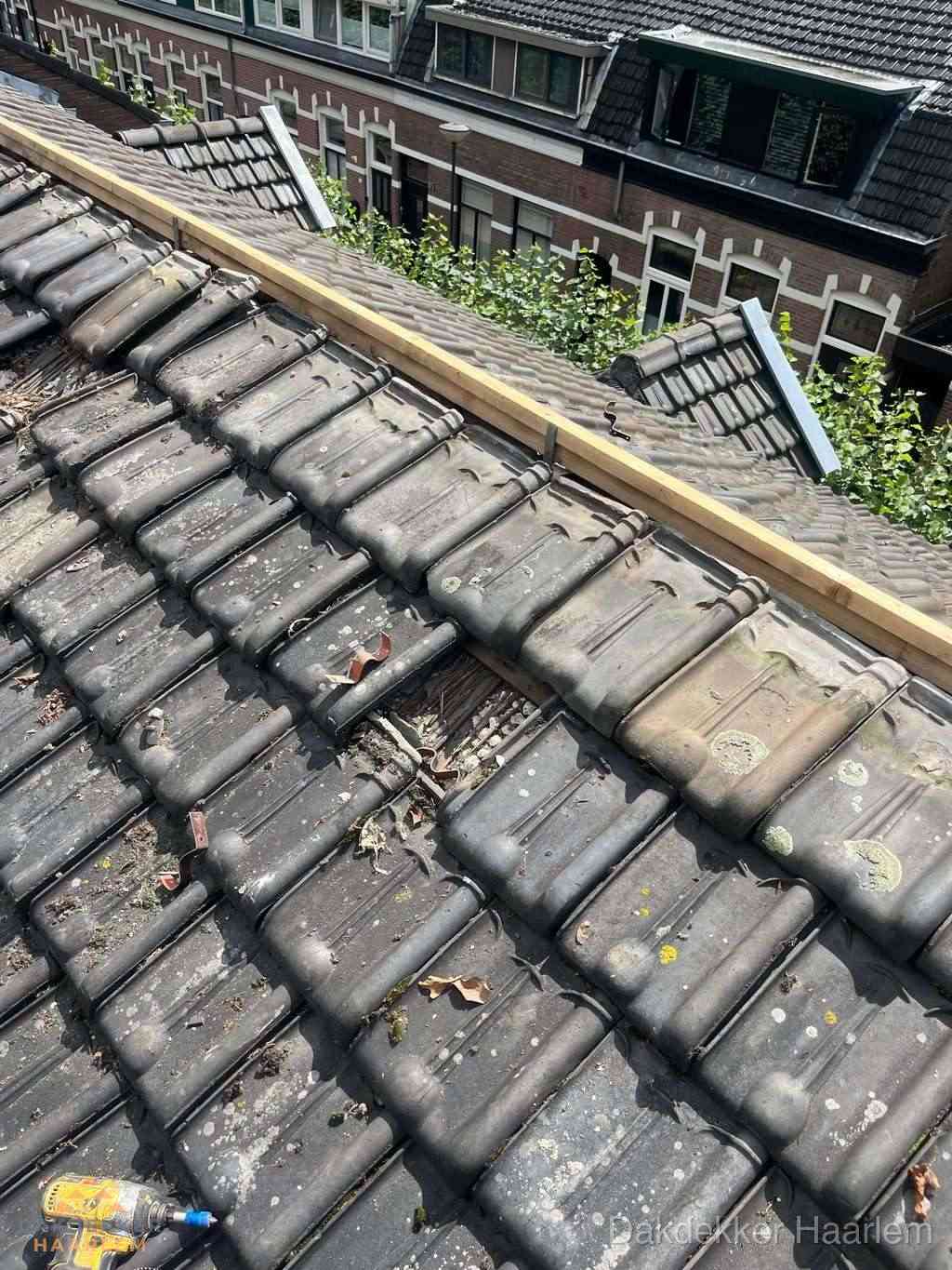 Dakonderhoud aan schuin pannendak met nokvernieuwing in Haarlem